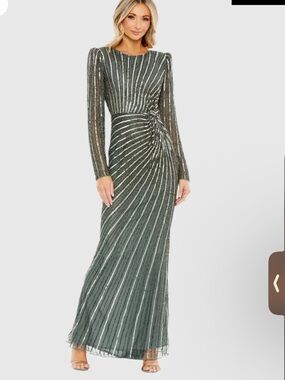 Mac Duggal Olive Green Long-Sleeve Sequin Gown with Side Knot